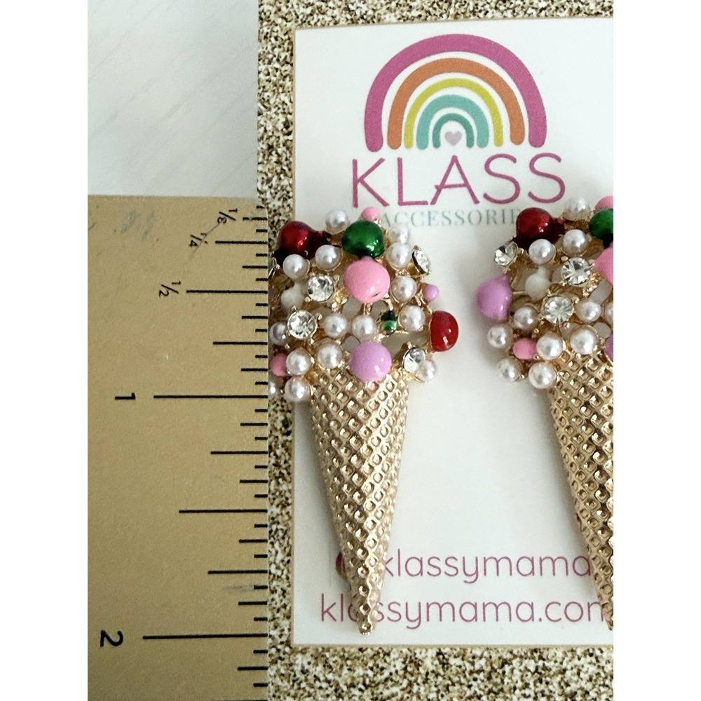 KLASS NWT Colorful Sweet Treat Ice Cream Large Studs Earrings w Pearls Crystals - Picture 3 of 3